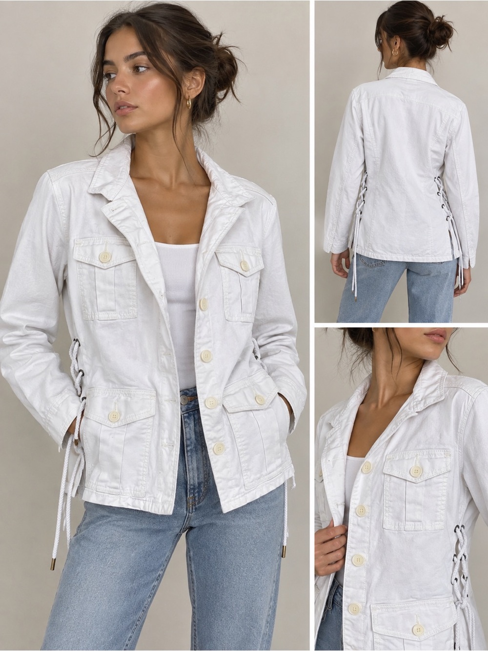Tory Burch White Utility Jacket Safari Cargo Jacket with Lace-Up Sides